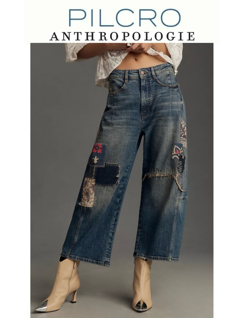 ANTHROPOLOGIE PILCRO Patchwork Heritage Curve Mid-Rise Barrel Jeans Whimsical 25